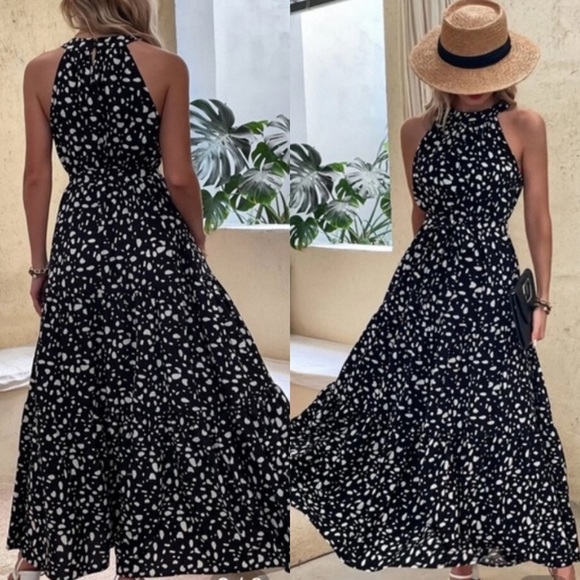 Black and White Halter Tiered Dress Soft Dot Midi Ruffle Size Small Coastal Y2K - Picture 2 of 11